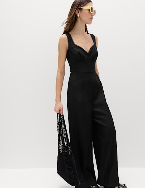 Linen Blend Tie Detail Waisted Jumpsuit