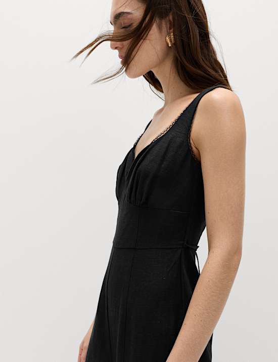 Linen Blend Tie Detail Waisted Jumpsuit