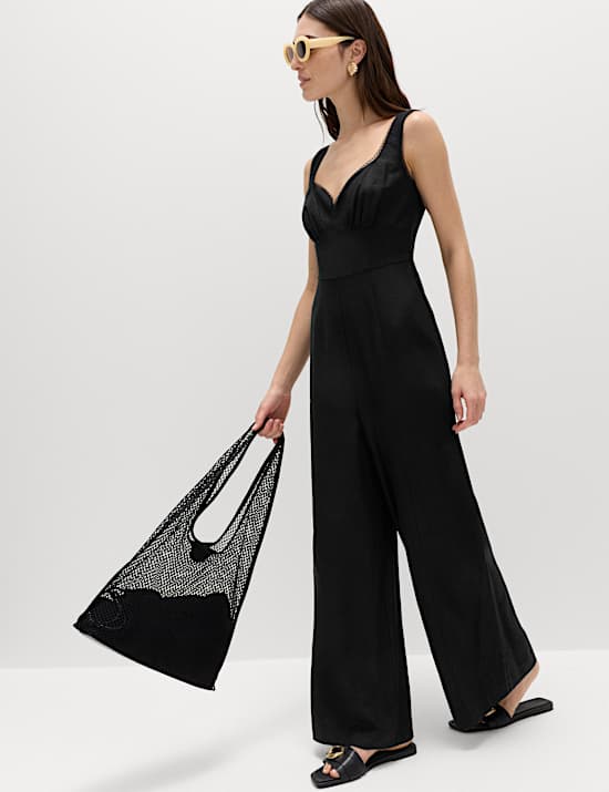 Linen Blend Tie Detail Waisted Jumpsuit