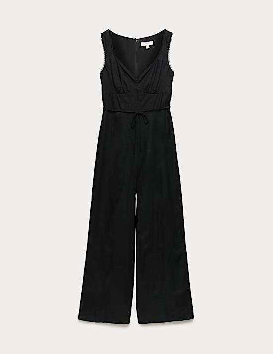 Linen Blend Tie Detail Waisted Jumpsuit