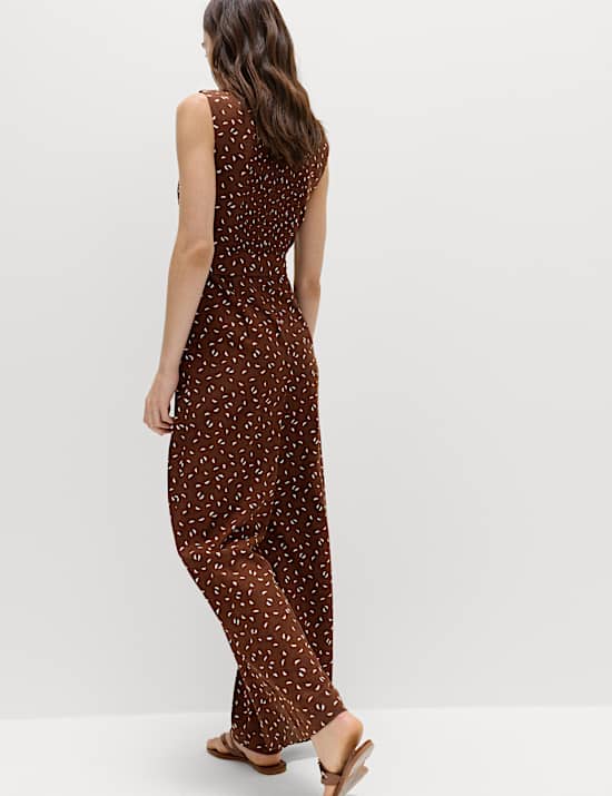 Linen Blend Printed Belted Jumpsuit