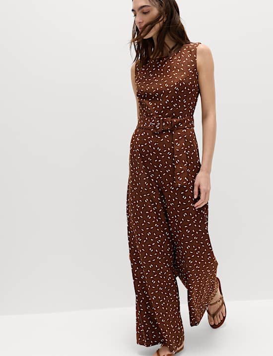 Linen Blend Printed Belted Jumpsuit