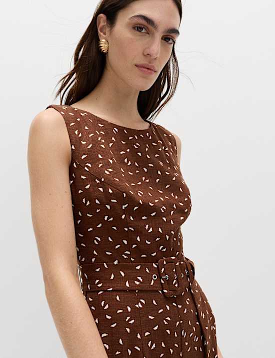 Linen Blend Printed Belted Jumpsuit