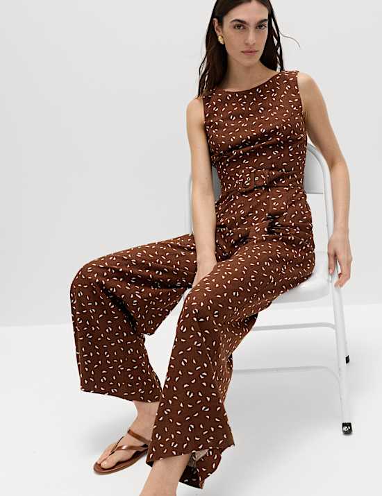 Linen Blend Printed Belted Jumpsuit