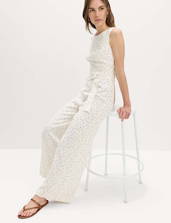 Linen Blend Printed Belted Jumpsuit