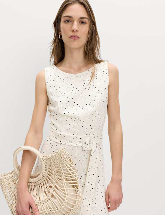 Linen Blend Printed Belted Jumpsuit