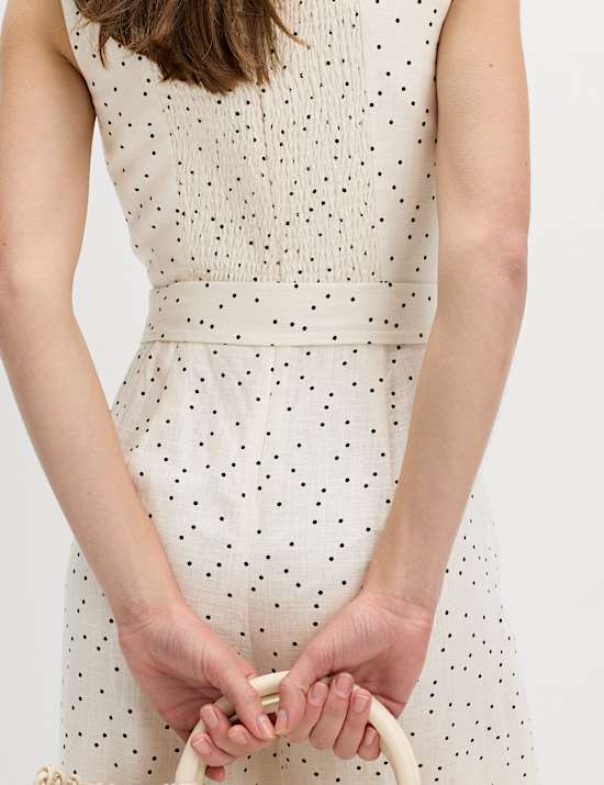 Linen Blend Printed Belted Jumpsuit