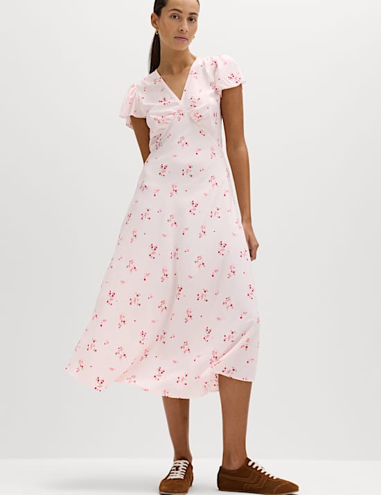 Printed V-Neck Midi Tea Dress
