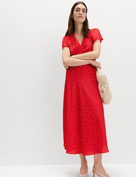 Printed V-Neck Midi Tea Dress