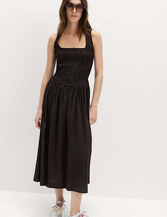 Checked Shirred Bodice Midi Skater Dress