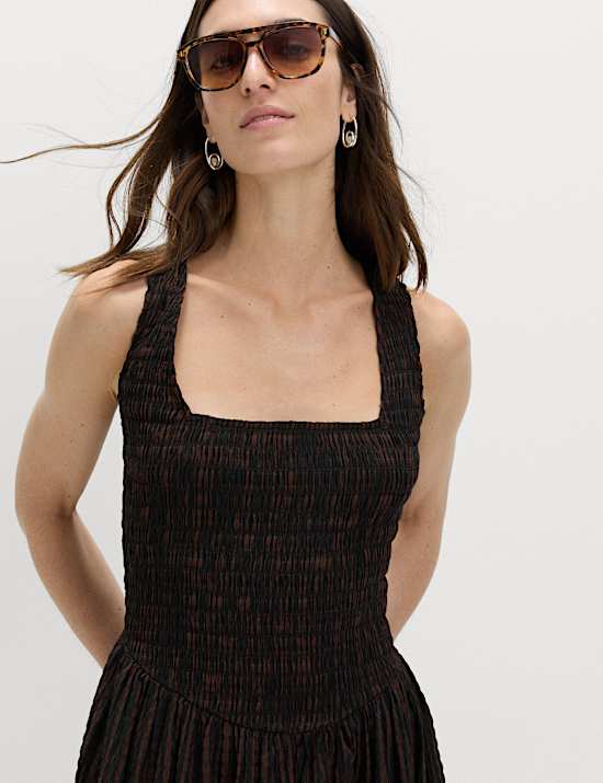 Checked Shirred Bodice Midi Skater Dress