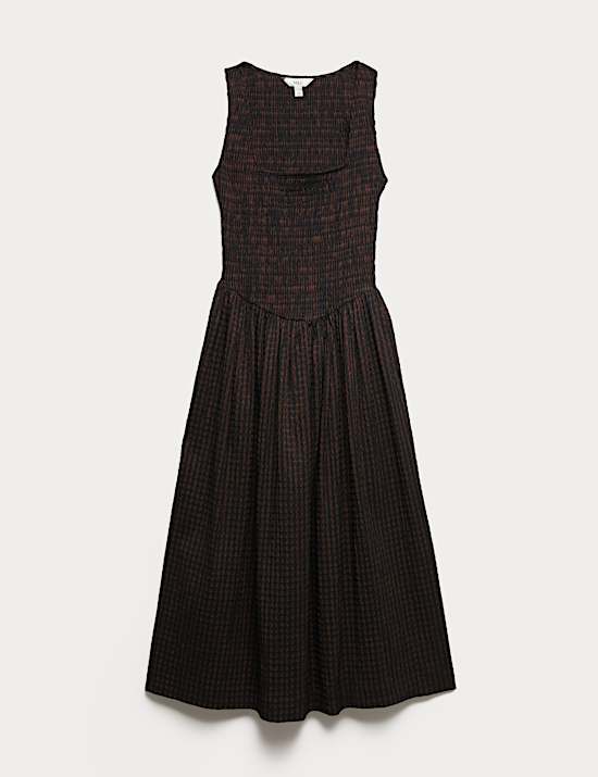 Checked Shirred Bodice Midi Skater Dress
