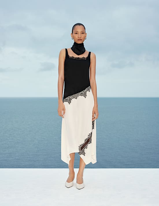 Satin Colour Block Lace Trim Midaxi Cami Slip Dress