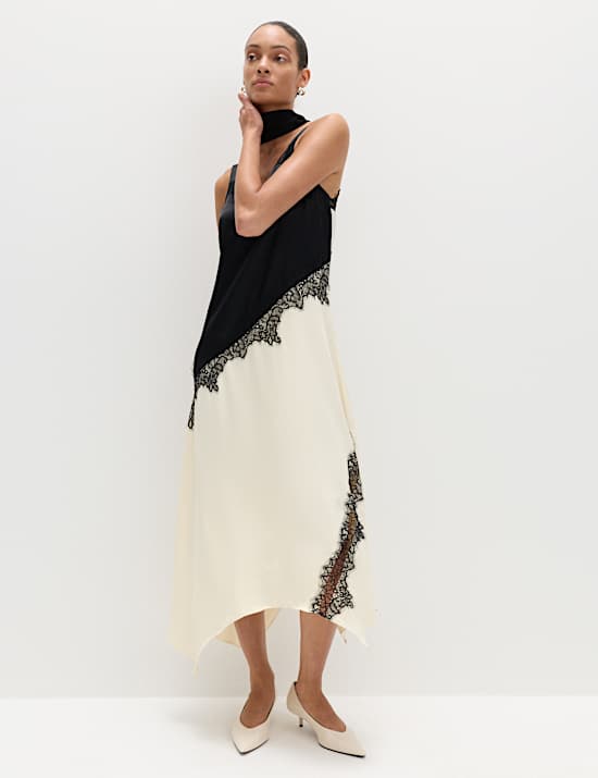 Satin Colour Block Lace Trim Midaxi Cami Slip Dress