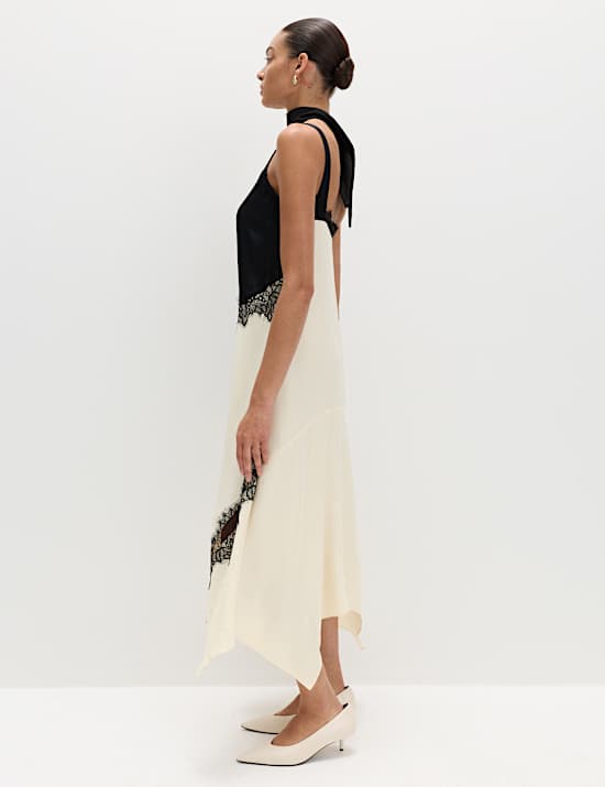 Satin Colour Block Lace Trim Midaxi Cami Slip Dress