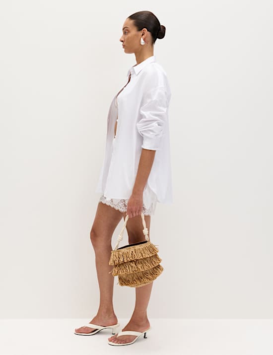 Linen Blend Lace Hem Mini Pencil Skirt