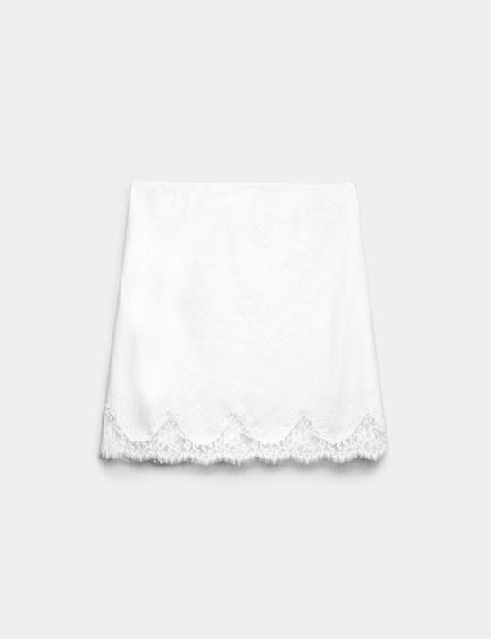 Linen Blend Lace Hem Mini Pencil Skirt