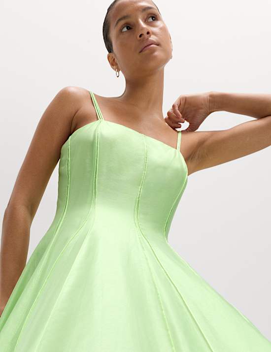 Square Neck Panel Detail Strappy Midi Skater Dress
