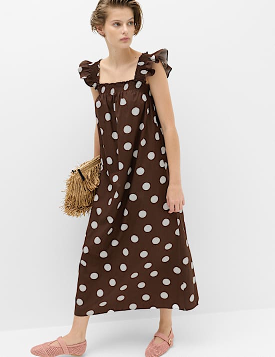 Pure Cotton Polka Dot Midi Shirred Dress