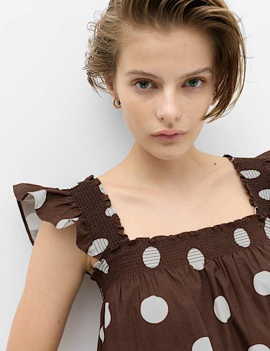 Pure Cotton Polka Dot Midi Shirred Dress