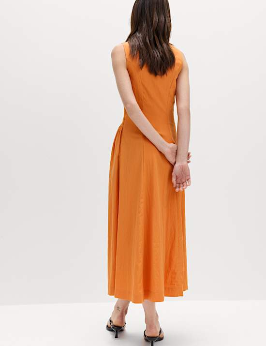 Scoop Neck Pleated Midi Drop Waist Dress