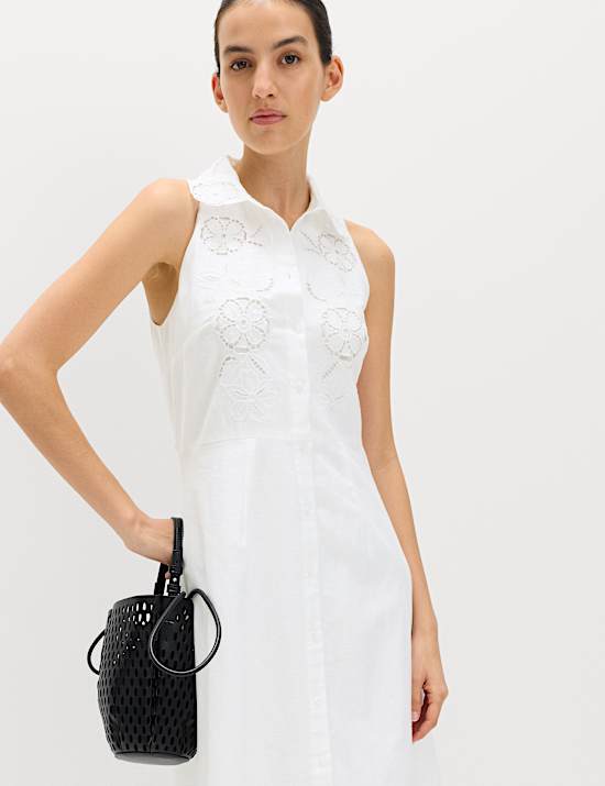 Linen Rich Broderie Midi Shirt Dress