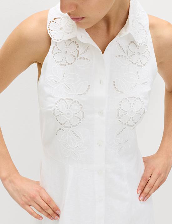 Linen Rich Broderie Midi Shirt Dress