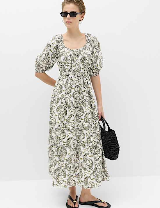 Pure Cotton Paisley Midi Waisted Dress