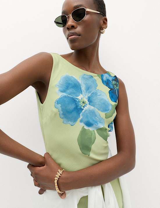 Floral Round Neck Midi Column Dress