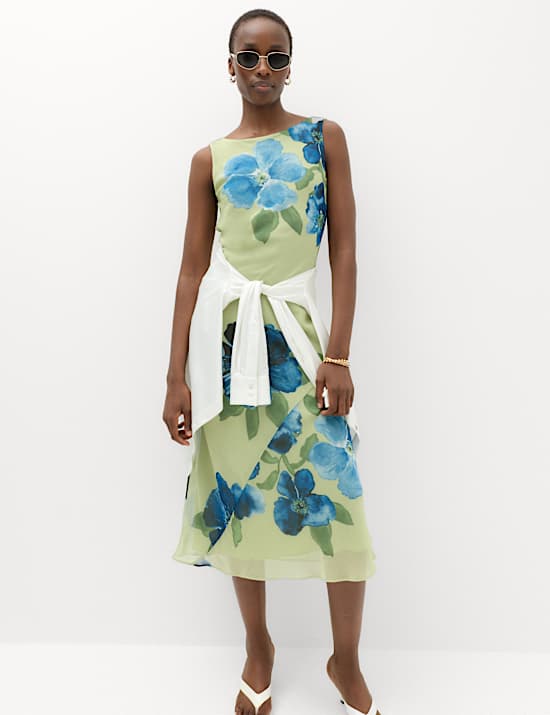 Floral Round Neck Midi Column Dress