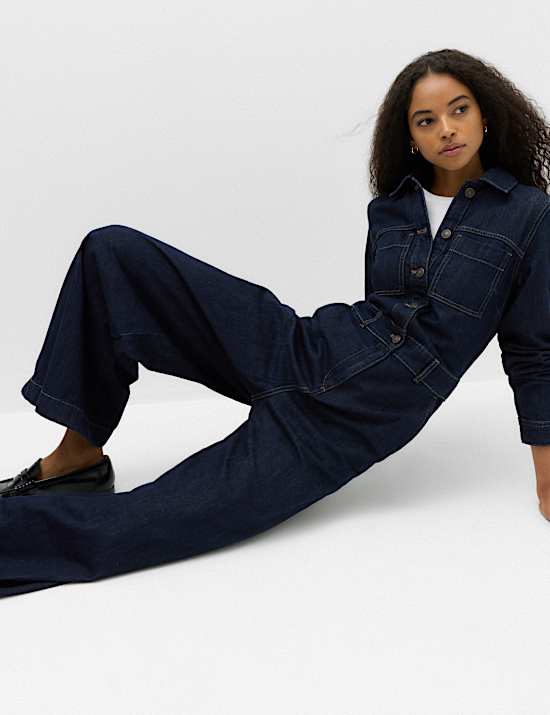 Denim Long Sleeve Wide Leg Jumpsuit