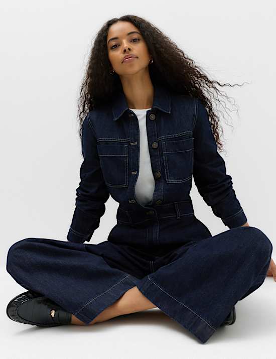 Denim Long Sleeve Wide Leg Jumpsuit