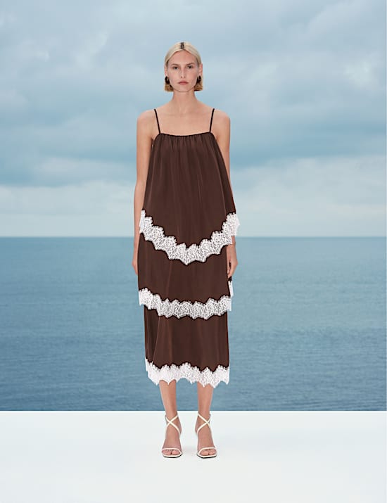 Lace Trim Strappy Midi Tiered Dress