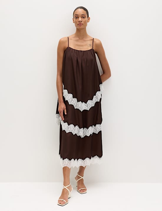 Lace Trim Strappy Midi Tiered Dress
