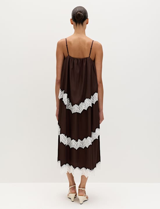 Lace Trim Strappy Midi Tiered Dress