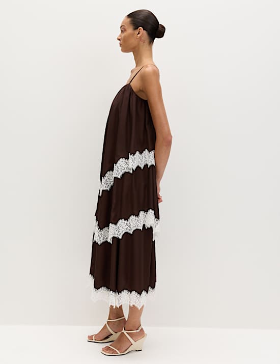 Lace Trim Strappy Midi Tiered Dress