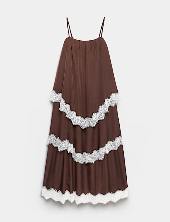 Lace Trim Strappy Midi Tiered Dress