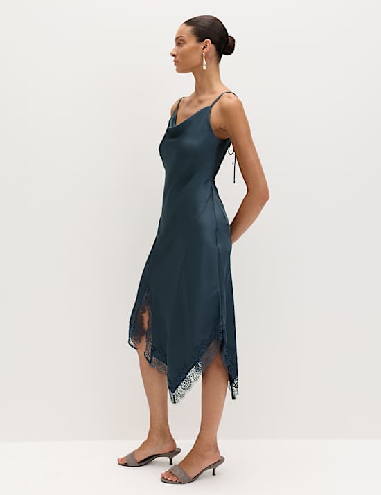 Satin Cowl Neck Lace Trim Midi Slip Dress