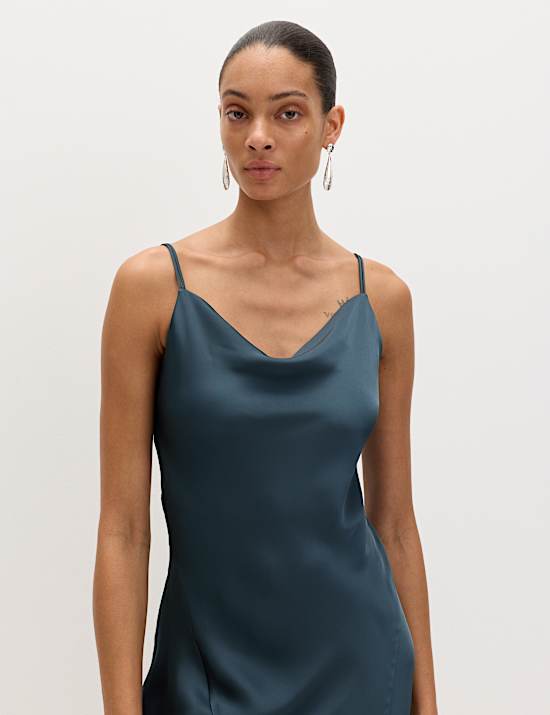 Satin Cowl Neck Lace Trim Midi Slip Dress