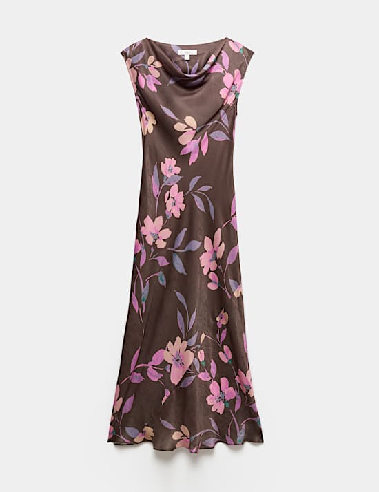Fond de robe coupe longue en satin &agrave; col boule et motif floral