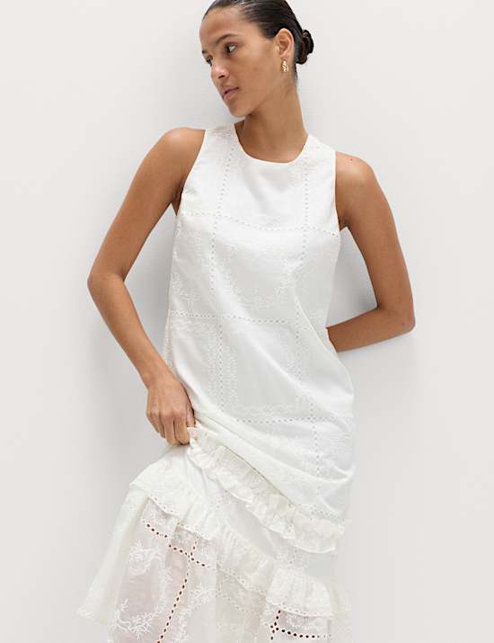 Lyocell Rich Broderie Midi Tiered Dress