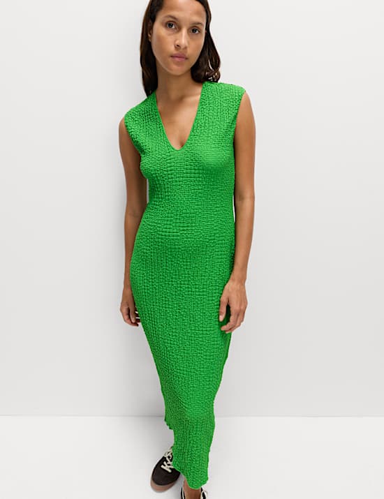 Jersey Textured V-Neck Midi Column Dress