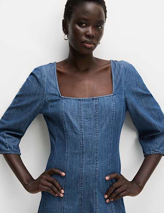 Robe patineuse midi 100&nbsp;% coton à col carré