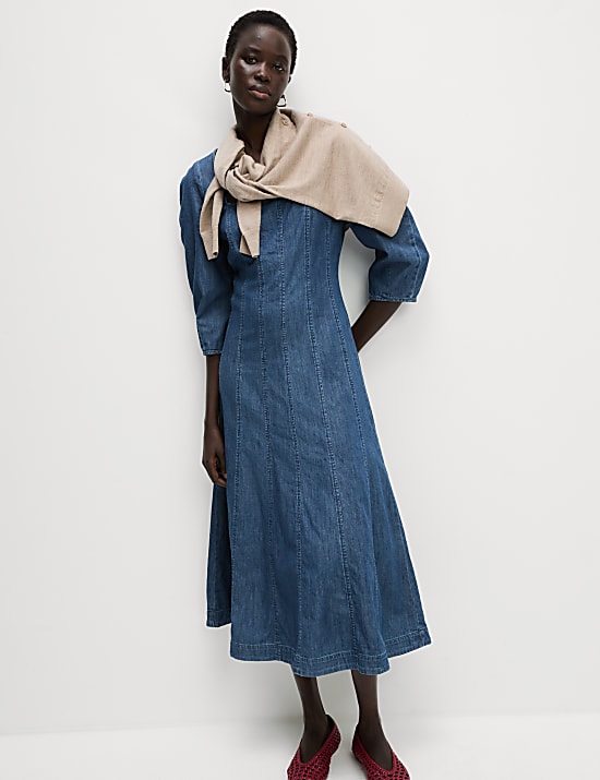 Pure Cotton Square Neck Midi Skater Dress