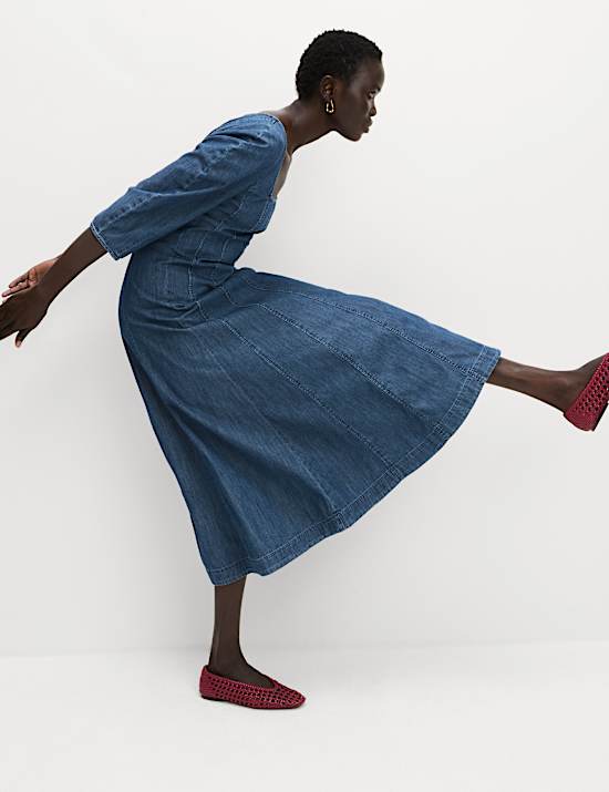 Pure Cotton Square Neck Midi Skater Dress