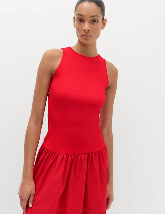 Jersey Ribbed Midi Drop Waist Dress