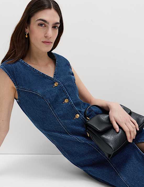 Denim V-Neck Button Through Midi Shift Dress