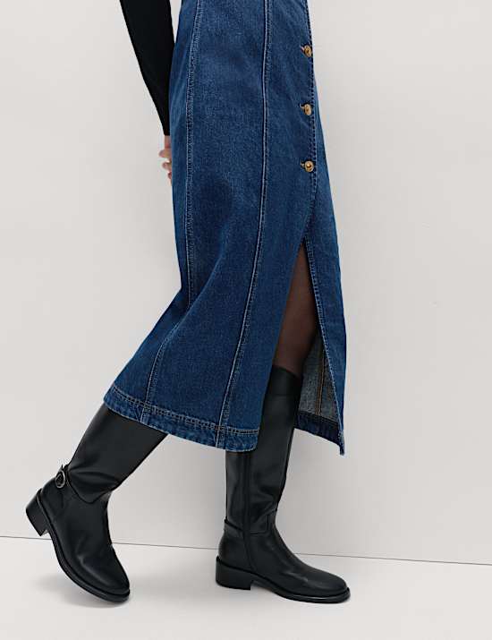 Denim V-Neck Button Through Midi Shift Dress