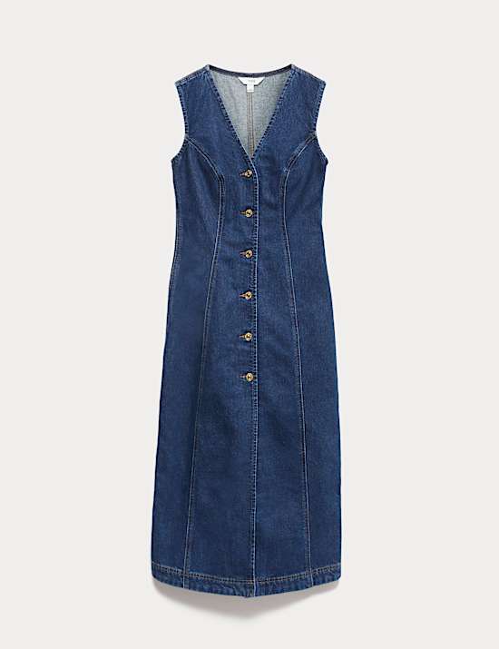 Denim V-Neck Button Through Midi Shift Dress