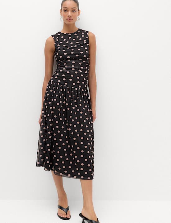 Mesh Polka Dot Midi Dropped Waist Dress